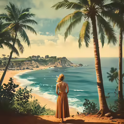 the woman is standing near a beach with a dog