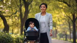 the woman is holding her child in a stroller