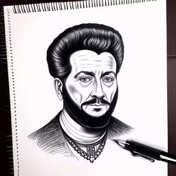 black and white image of a man with beard,a drawing of a man with a beard and a black top,a drawing of a man with black hair and beard,a drawing of shakespeare porter as he is in black and white,a drawing of a bearded man is displayed