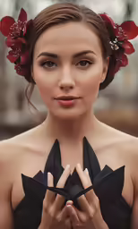 a woman wearing flowers and a black dress