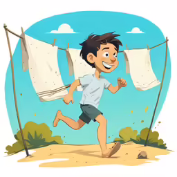 a boy running down the street with clothes hanging from a line behind him