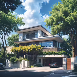 a large modern home with trees in the background