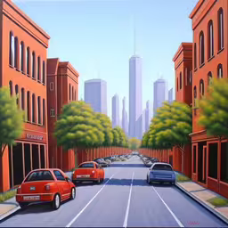 a painting shows cars going down a street with a skyscraper in the distance