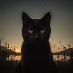 a black cat looking at the camera while sitting in grass