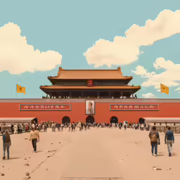 a red wall with asian lettering and people walking by