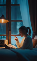 a girl in a white top reading a book in the dark