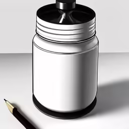 a black and white canister on a white table