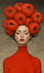 a painting of a woman with red tomatoes all over her head