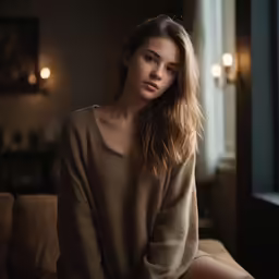 a woman sitting down next to a window