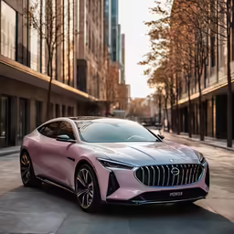 a pink and black sports car parked in a large city