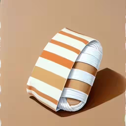 a small white stripe on a striped pillow,the orange and white striped fabric is folded over the corner of a wall,a striped orange and white tie on top of a table,the image shows a striped tie as a shadow,an abstract photo with a tie on a brown background