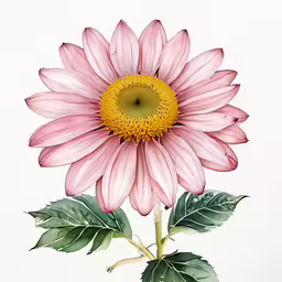 a drawing of a pink flower with green leaves