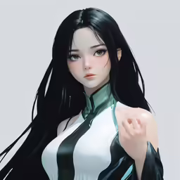 an animated image of a girl with long black hair and wearing green