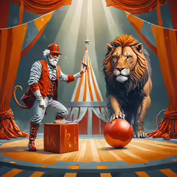 a circus with lion and clown on stage with ball and red suitcase