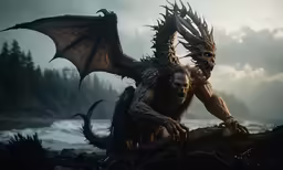 a giant dragon with a demon face and claws sitting down next to some water