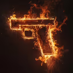 a burning handgun with flames in the air