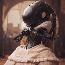 a woman wearing a mask and glove with her head up