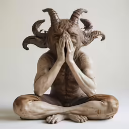 an animal man is sitting in the air with his hands on his face