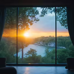 sunrise seen through window over river with trees