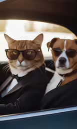 two cats in suits with glasses on a car