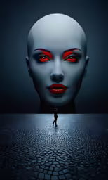 a woman with red eye makeup and a large head