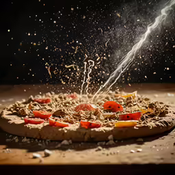 a pizza topped with toppings on top of a wooden cutting board