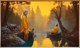 two women in yellow robes sitting on boats