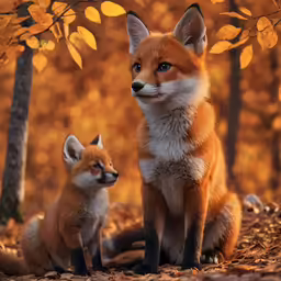two red foxes sitting together in the middle of some leaves