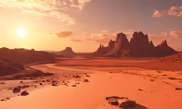 the sun rising over a desert with some rocks