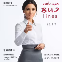 a woman wearing a white shirt and skirt standing in front of an advertisement for her clothing