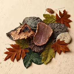 a pile of leaf covered rocks and other autumn decorations