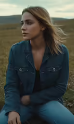 a beautiful woman sitting on the ground near grass