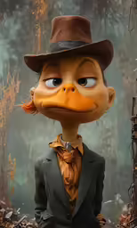 an animated character in a hat is standing next to leaves