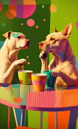 two dogs that are sitting down at a table