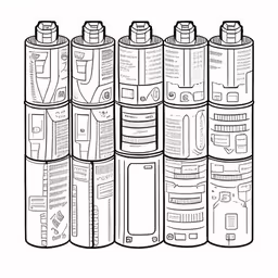 a black and white picture of a set of three canisters,a black and white picture of four cans of soda