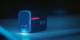 a compact device sitting on a table with a light reflecting off of it