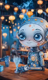a robot with large eyes sitting at a table with plates and glasses