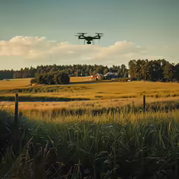 a large plane flying over a lush green field