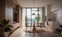 a room with tables, chairs and a television inside