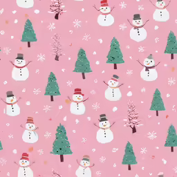 a pink background with snowmen and trees
