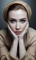 a woman with blue eyes and brown jacket posing