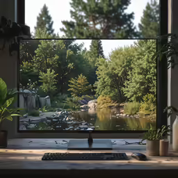 a flat screen computer on top of a wooden desk