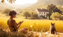 woman sitting outside in a rural setting with her dog looking at her cell phone