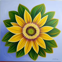 painting of a yellow sunflower with green leaves on blue paper,a painting of a yellow flower with green leaves