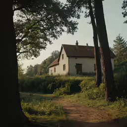 a house is shown through the trees