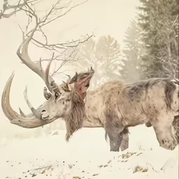 an animal with large horns standing in the snow
