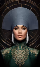 the portrait of a woman with white hair, wearing a headdress and standing in front of an abstract background