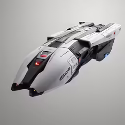 the model of a white spaceship in flight