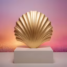 a gold shell sculpture against a light pink background