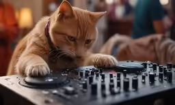 a small cat standing on top of a table near a mixing board